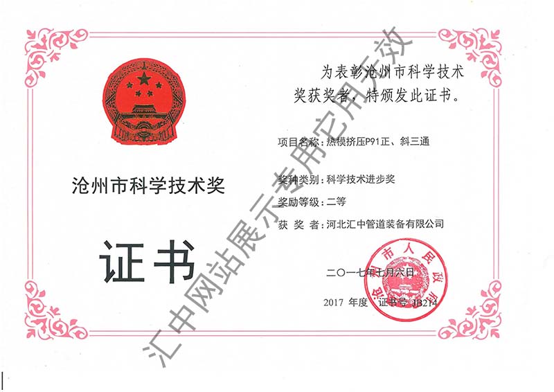 滄州市科學技術獎證書